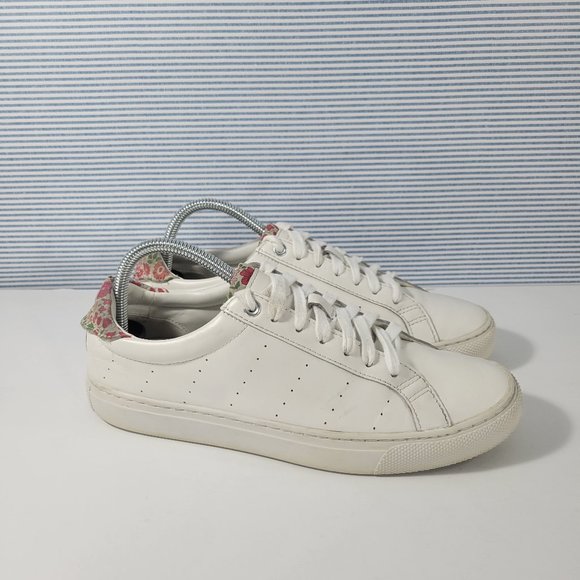 J Crew Saturday White Leather With Flower Print Sneakers Women's Size 9 - Picture 1 of 11